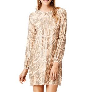 Badgley Mischka sequin maze shift dress long sleeve gold sparkle striped gatsby